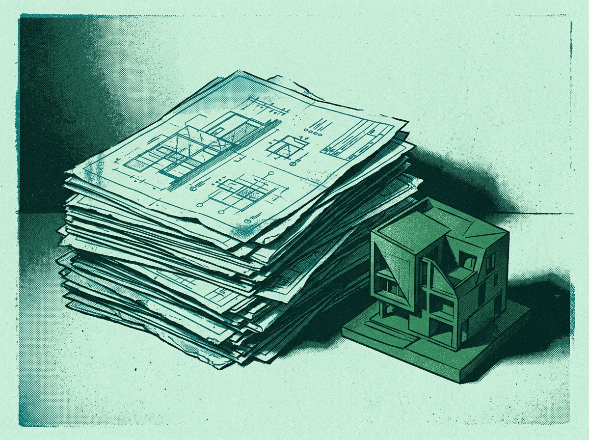 Illustration générée : une pile de plans et une maquette d’immeuble