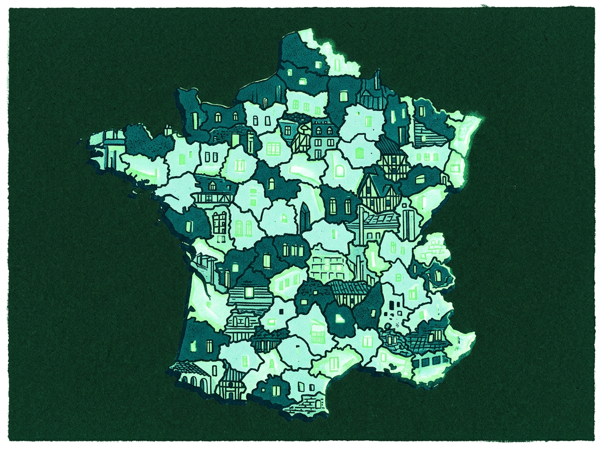 Illustration générée : la carte de France faite de façades