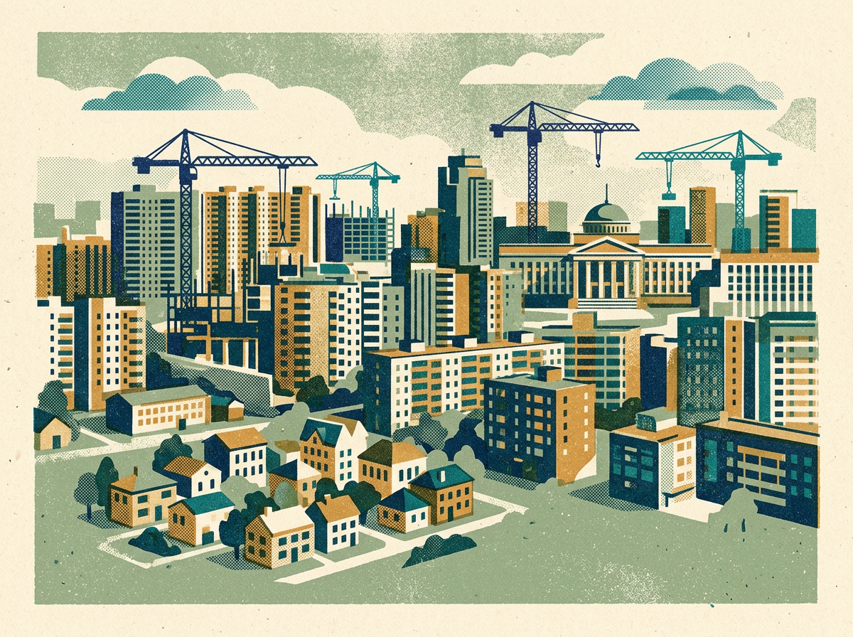 Illustration générée : une ville avec grues, immeubles et bâtiment public